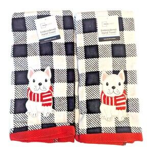 White English Bulldog Hand Towels 15x25 Embroidered Applique Buffalo Checks 2pc